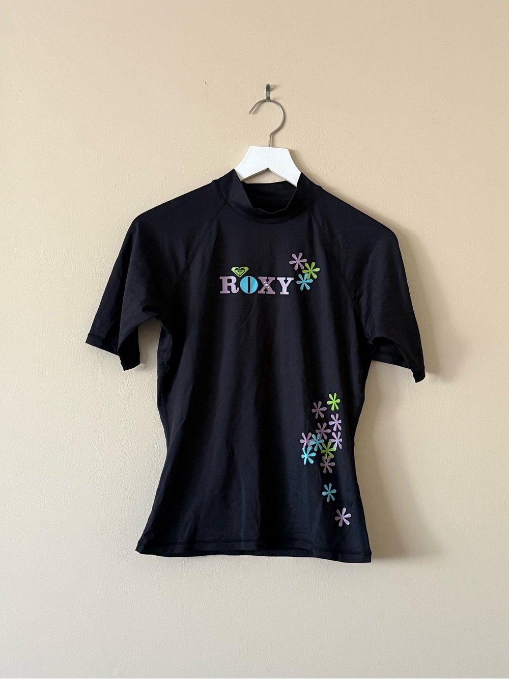ROXY UVtech Black Short Sleeve Rash Guard Swim Top Shirt Girls Size 14
